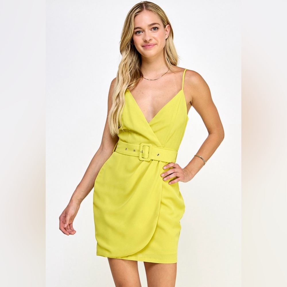 Sleeveless mini dress with belt.